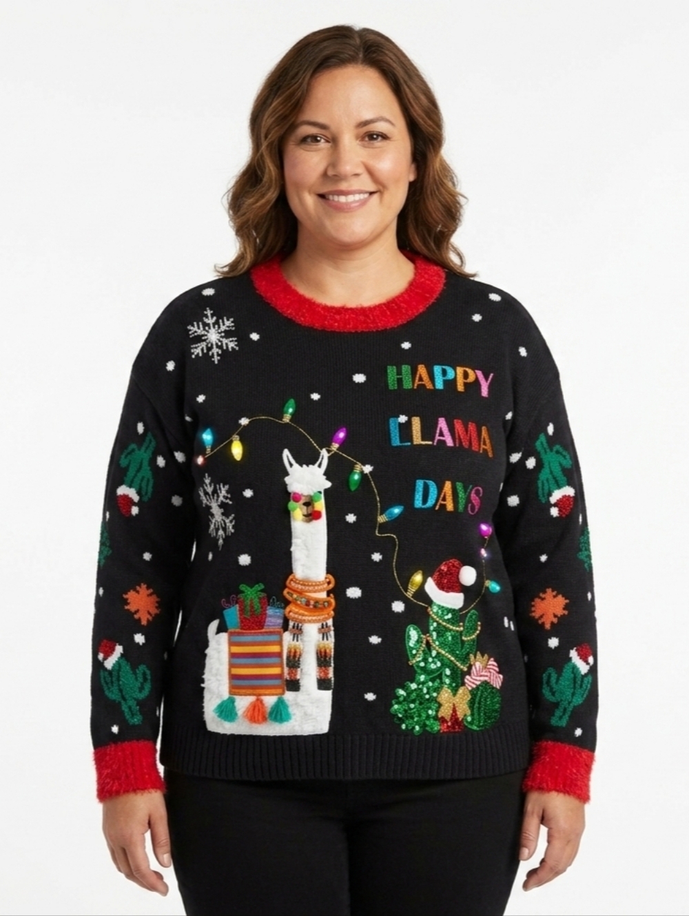 Happy Llama Ugly Christmas Sweater Embroidery Sequins Colorful Bling Women's L